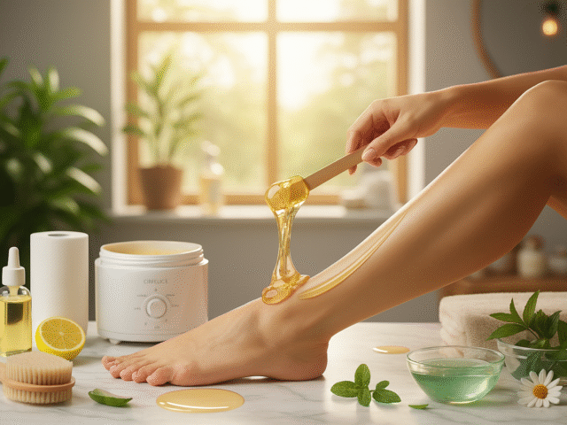 Pessoa aplicando cera quente na perna com uma espátula de madeira. A cera dourada escorre pela pele lisa, ao lado de um aquecedor de cera, gel de aloe vera e flores de camomila, ilustrando o guia de depilação com cera.